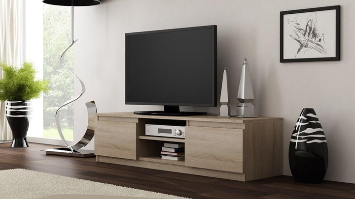 VBChome TV-Schrank 140 x 40 x 36 cm Eiche Sonoma Griffelose Tv-Regal Fernsehtisch mit 2 Türen Holz M