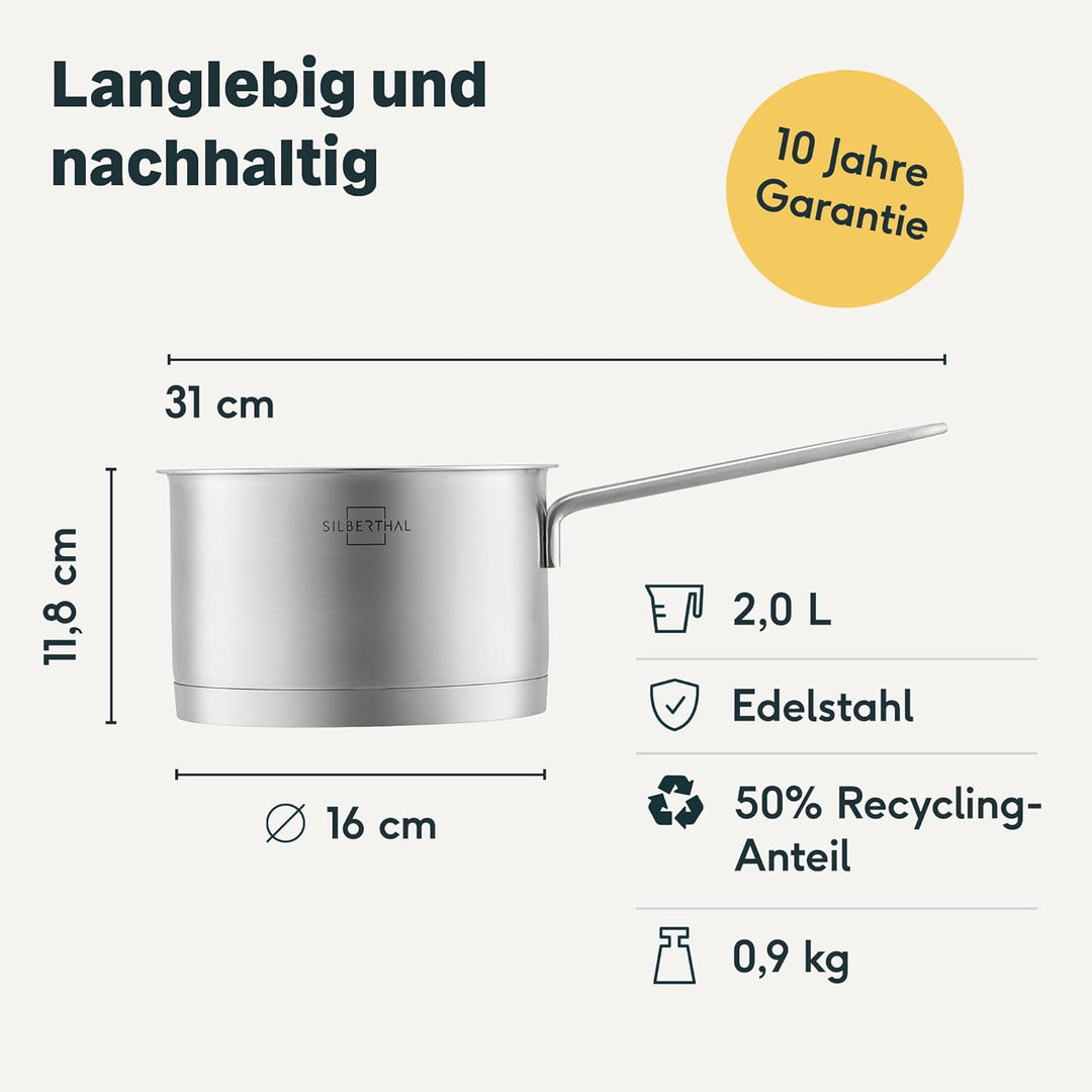SILBERTHAL Stielkasserolle Induktion 16 cm - Edelstahl Kochtopf mit Stiel klein - 2l - Milchtopf - F