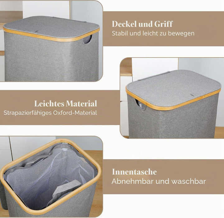 Wäschekorb mit Deckel 110L, XL-Extra grosser Wäschesammler mit Herausnehmbarer und Waschbarer Innent