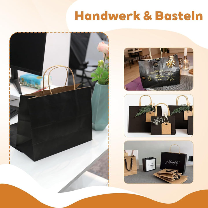 Gaoyong 20 Stück Geschenktüte Schwarz 30x12x23 cm Papiertüten mit Henkel Papiertüten Schwarz Zum Kra