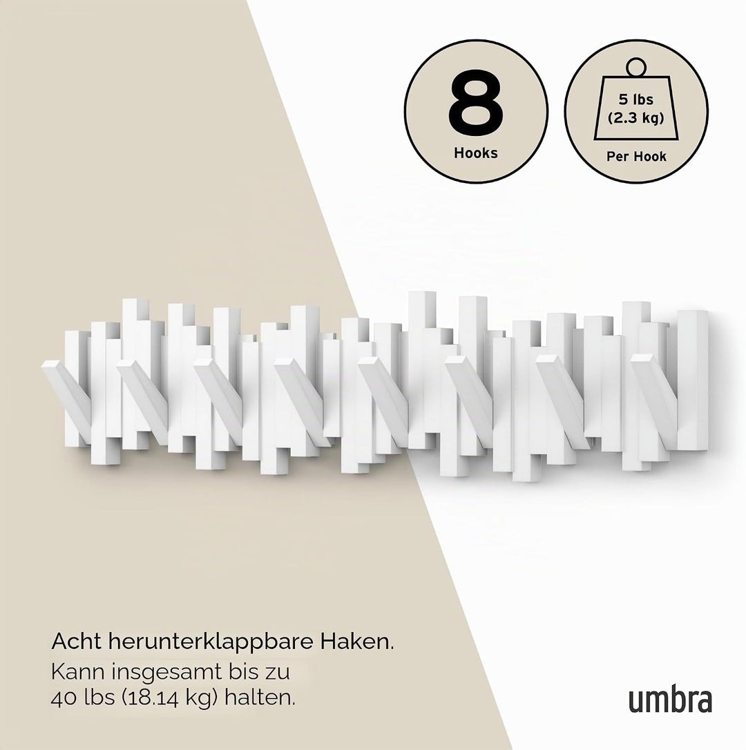 Umbra Stäbchen Garderobenhaken mit 8 Haken – Moderne und platzsparende Garderobenleiste mit acht Bew