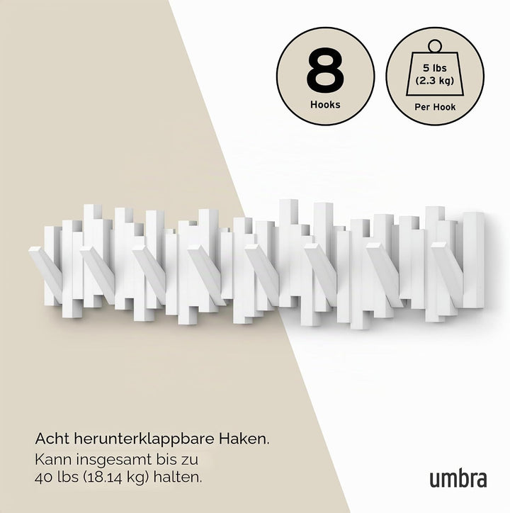 Umbra Stäbchen Garderobenhaken mit 8 Haken – Moderne und platzsparende Garderobenleiste mit acht Bew