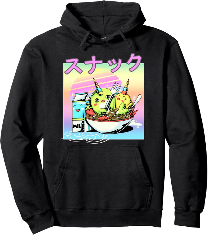 Snack Ramen Noodles Kawaii Narwal Milk 90's Japanese Retro Pullover Hoodie