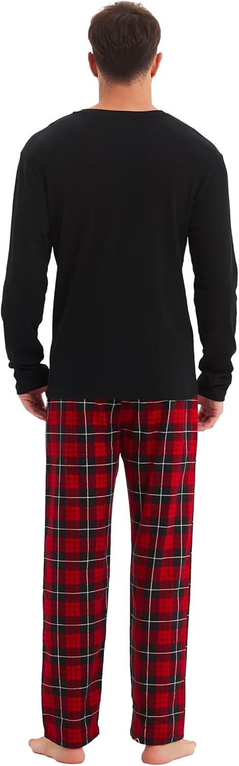 GLOBAL Herren Schlafanzüge Flanell Herren Pyjama Set Baumwolle Langarm-Pullover Oberteil und elastis