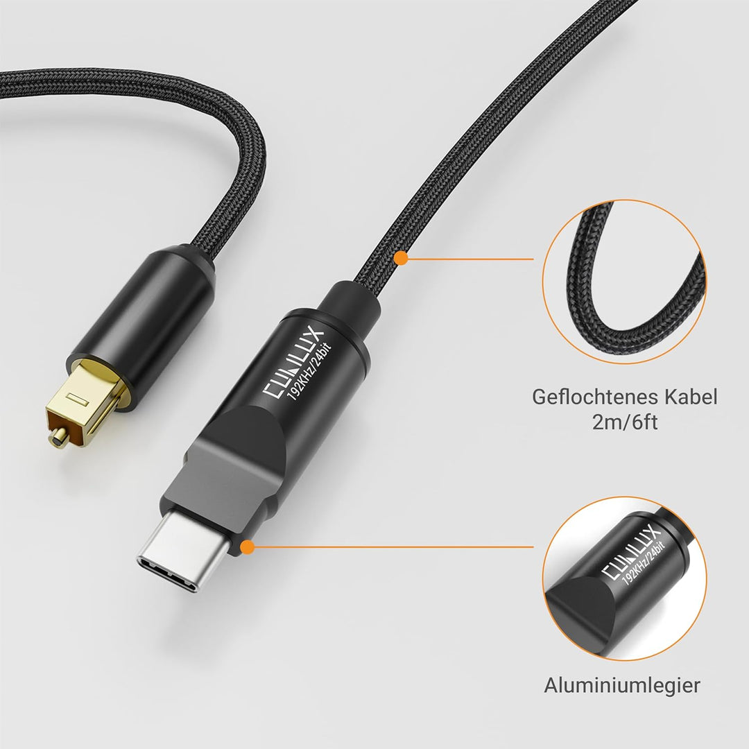 Cubilux USB C auf TOSLINK Optisches Audiokabel [192KHz/24bit], Einseitiger USB-C zu SPDIF Digital Ko