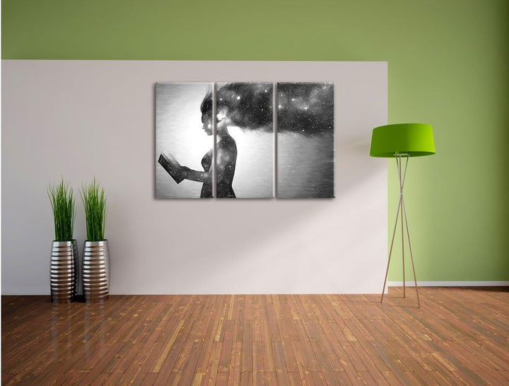 Pixxprint abstrakte Frau mit Buch Kunst Kohle Effekt 3-Teiler Leinwandbild 120x80 Bild auf Leinwand