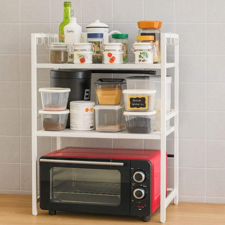 DanDiBo Verstellbares Küchenregal Weiss für Arbeitsplatte Stehend 3 Stufig 40-64 cm Regal Küche 9668