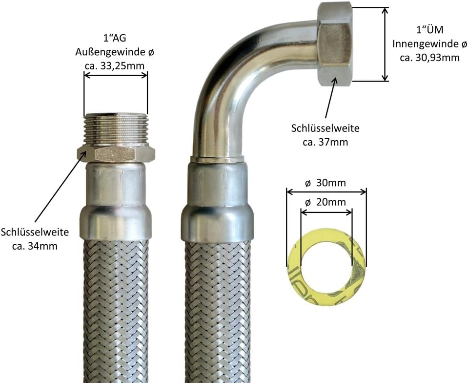 Panzerschlauch 1"AG x 1"ÜM Bogen - Flexschlauch DN25 mit Trinkwasserzulassung 1,50m / 1.500mm, 1,50m