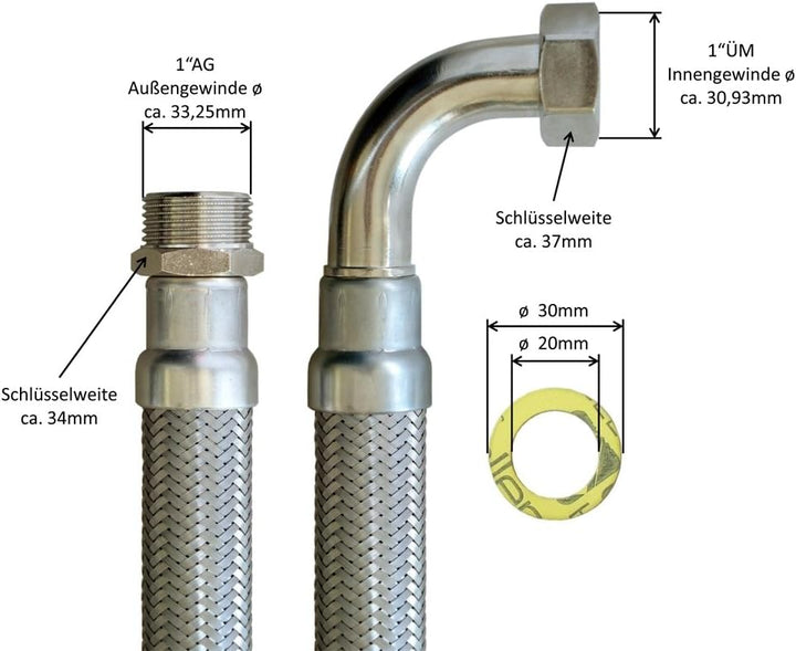 Panzerschlauch 1"AG x 1"ÜM Bogen - Flexschlauch DN25 mit Trinkwasserzulassung 1,50m / 1.500mm, 1,50m