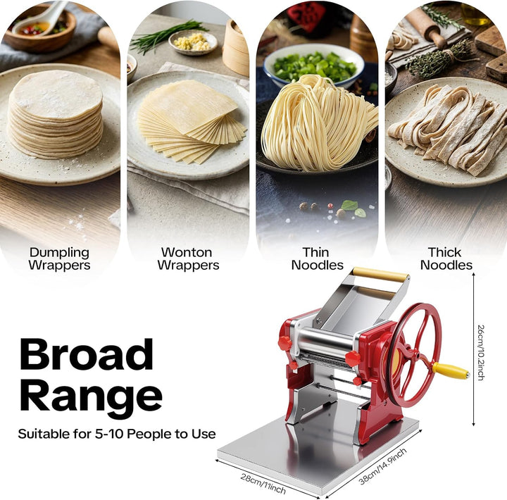 Nudelmaschine Manuell 0,5-5 mm, Edelstahl-Walzen, Tischklemme, Rot | für Spaghetti, Lasagne, Ravioli