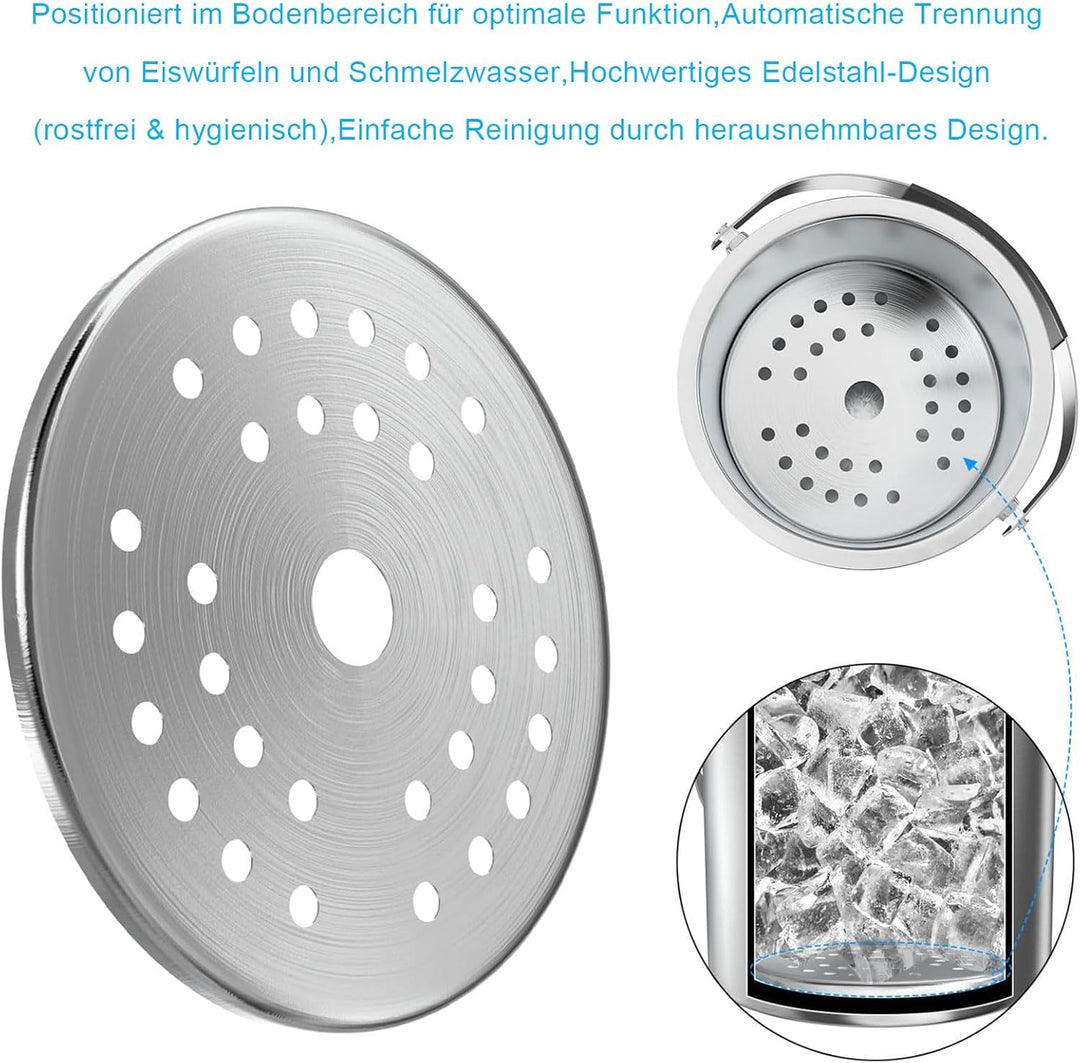 Edelstahl Eisbehälter 3L mit luftdichtem Deckel，Sieb und Eiszange，Eiswürfelbehälter doppelwandiger,