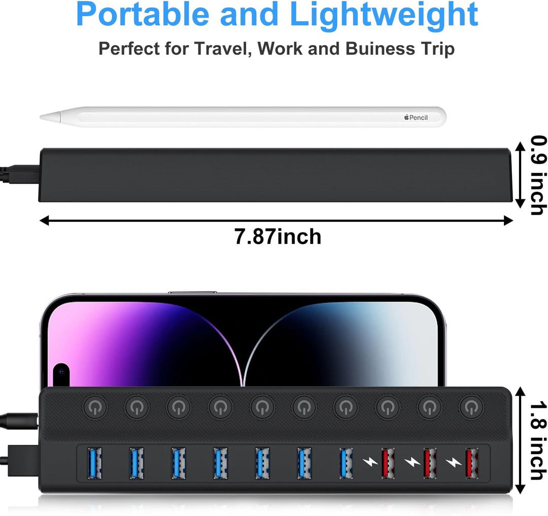 Ziumier USB Hub 3.0 Aktiv mit Netzteil, 10 Ports 36W USB Verteiler(3 Schnellladeanschlüsse + 7 USB H