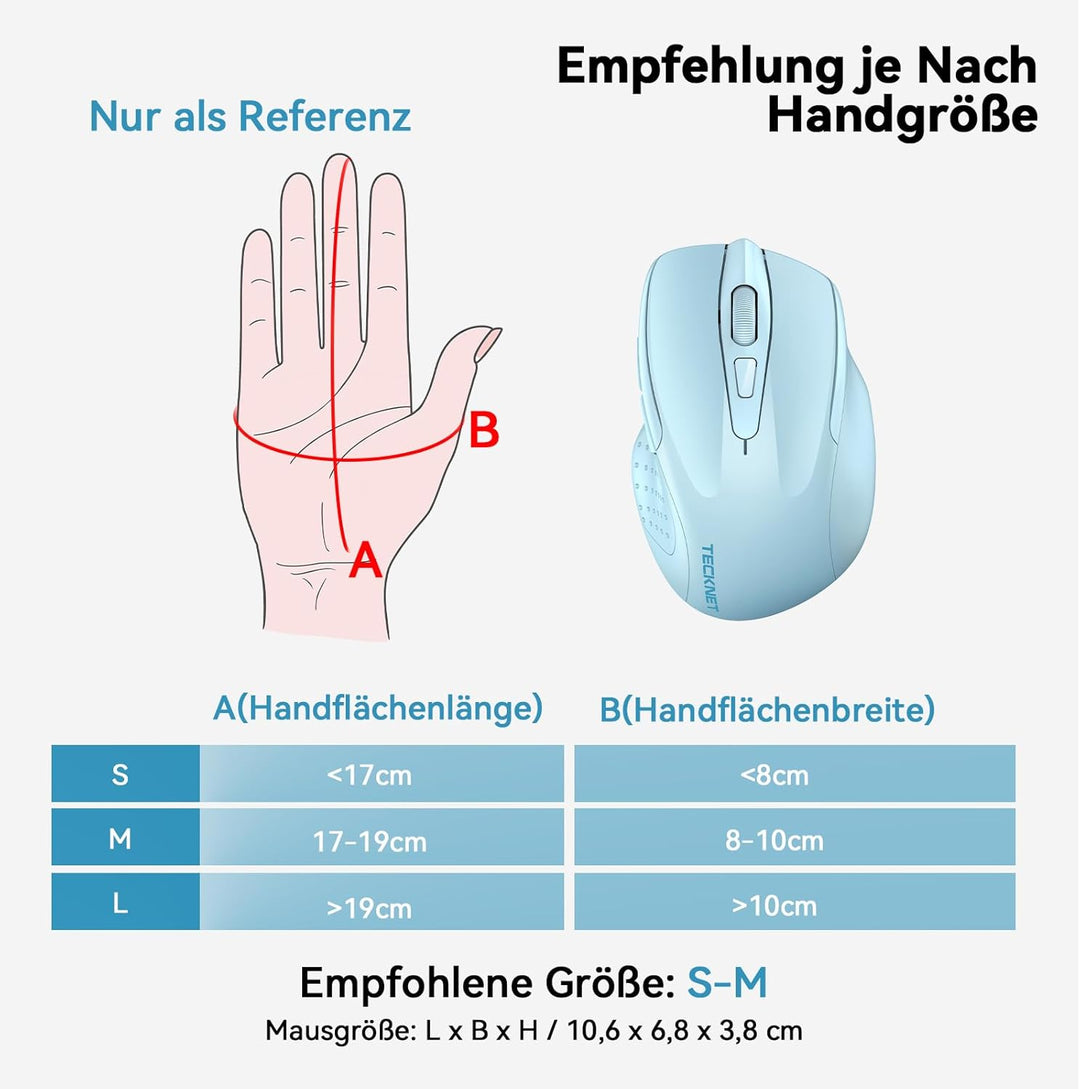 TECKNET Bluetooth Maus, Wiederaufladbare Maus Kabellos(DREI Modi: BT 5.0/3.0 + 2.4G), 4800 DPI, Ergo