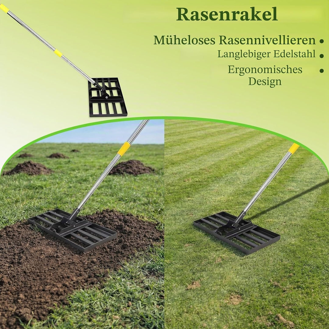 Rasenrakel, 198cm, 43x25cm Edelstahl Rasen-Nivelliergerät mit Ergonomischem Griff für Garten & Hof -