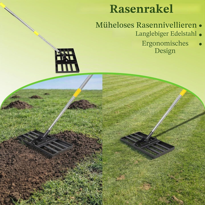 Rasenrakel, 198cm, 43x25cm Edelstahl Rasen-Nivelliergerät mit Ergonomischem Griff für Garten & Hof -