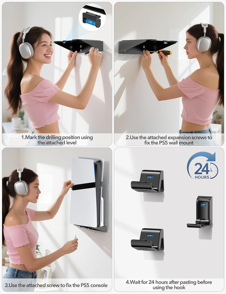PS5 Wandhalterung für PS5/Slim/Pro mit Headset & Controller Halter, PS5 Stand, Universal 2 Pack Cont