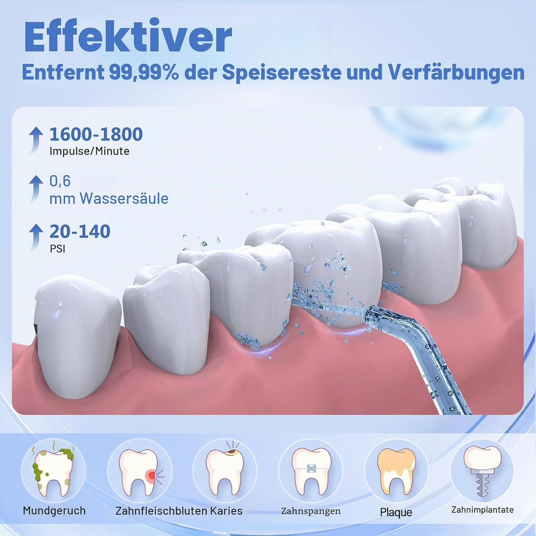 Munddusche Kabellos, Elektrische Zahnreiniger IPX7 Wasserdicht, Zahndusche 4 Modi 4 Düsen, Water Flo