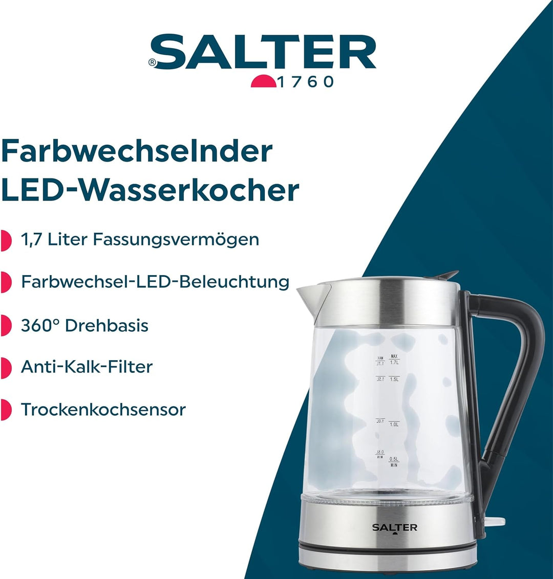 Salter Wasserkocher aus Glas mit Farbwechsel – 1,7 l, LED-Beleuchtung (Blau bis Rot), leicht zu befü