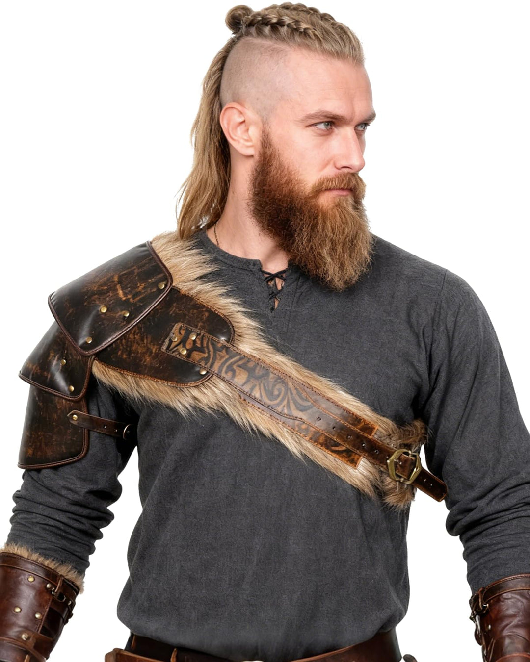keland Wikinger Schulterpanzer Fell Schulter Rüstung Leder Pauldron Mittelalter Schulterschutz (Brau