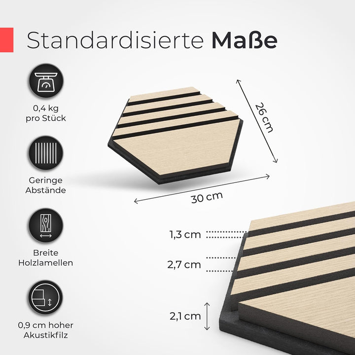 Akustikpaneele Holz selbstklebend – 3er-Set | Echtholz Eiche & Akustikfilz Schwarz | Hexagon 30x26cm