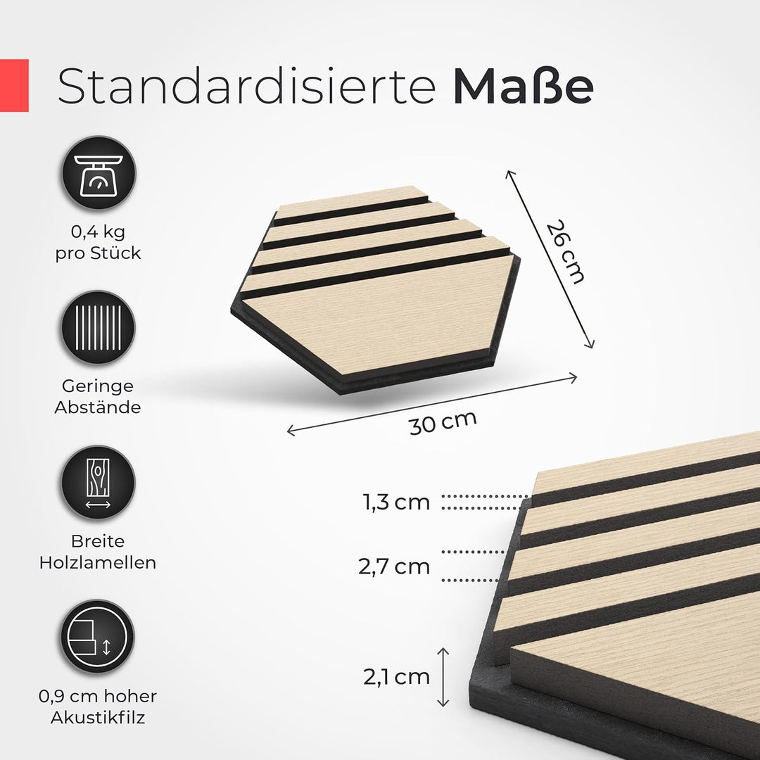 Akustikpaneele Holz selbstklebend – 9er-Set | Echtholz Eiche & Akustikfilz Schwarz | Hexagon 30x26cm