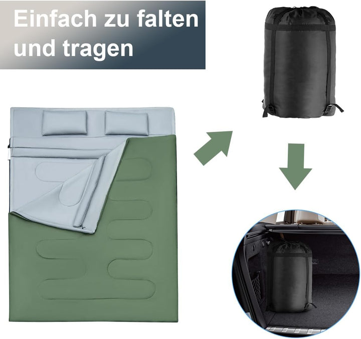 SOARS Schlafsack Doppelschlafsack 2 Personen, Deckenschlafsack mit 2 Kissen & Tragetasche, wasserdic