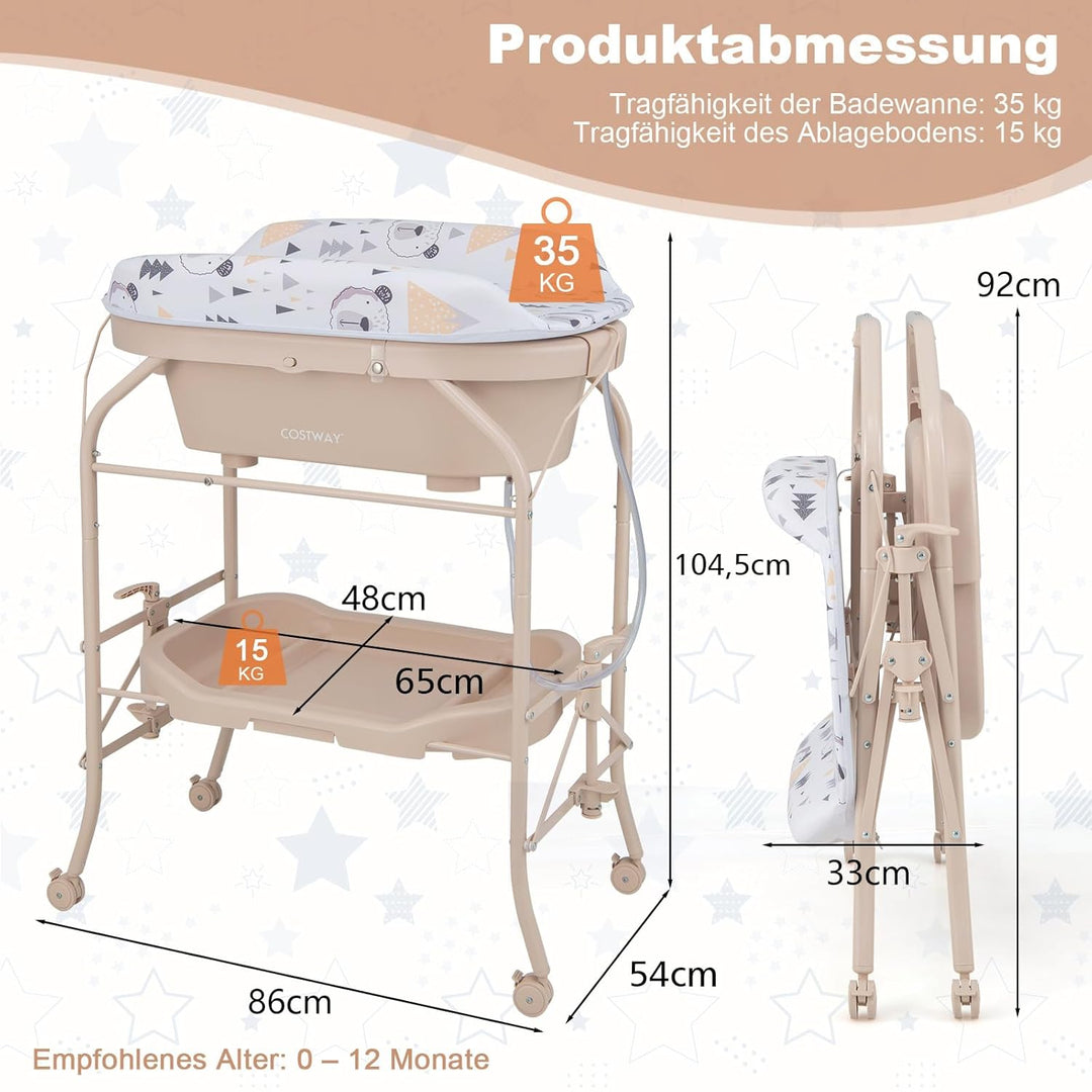 COSTWAY 4 in 1 Wickeltisch mit Badewanne, tragbare Wickelkommode mit PVC-Auflage & Abflussrohre, mob