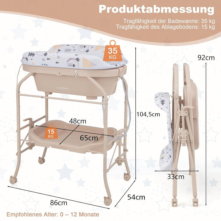 COSTWAY 4 in 1 Wickeltisch mit Badewanne, tragbare Wickelkommode mit PVC-Auflage & Abflussrohre, mob