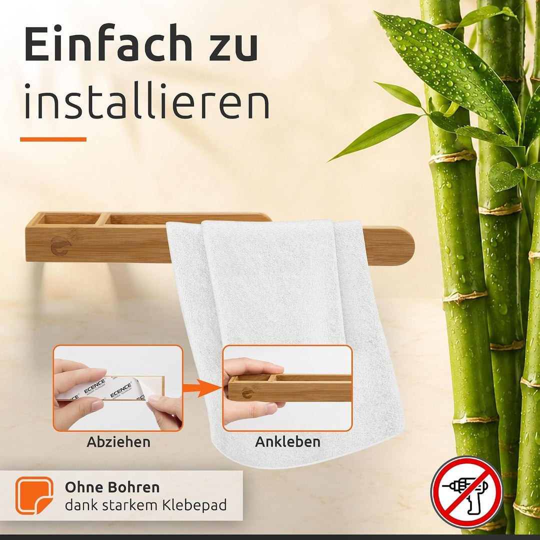 ECENCE Handtuchhalter Holz ohne Bohren, Natürlich &amp; Stilvoll, Selbstklebende Handtuchstange aus Bamb