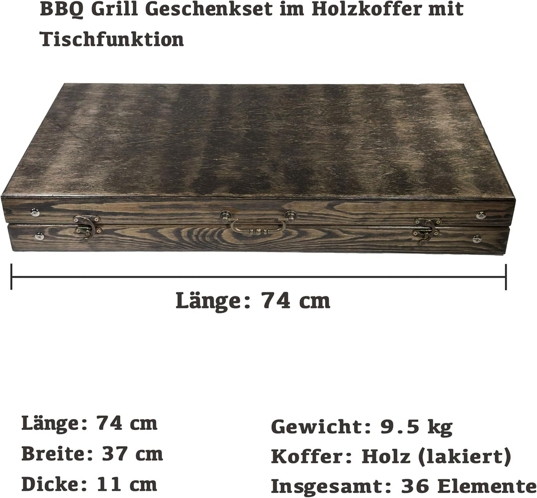 BBQ Grill Geschenkset im Holzkoffer mit Tischfunktion &amp; ukrainischer Symbolik – Premium Grillzubehör