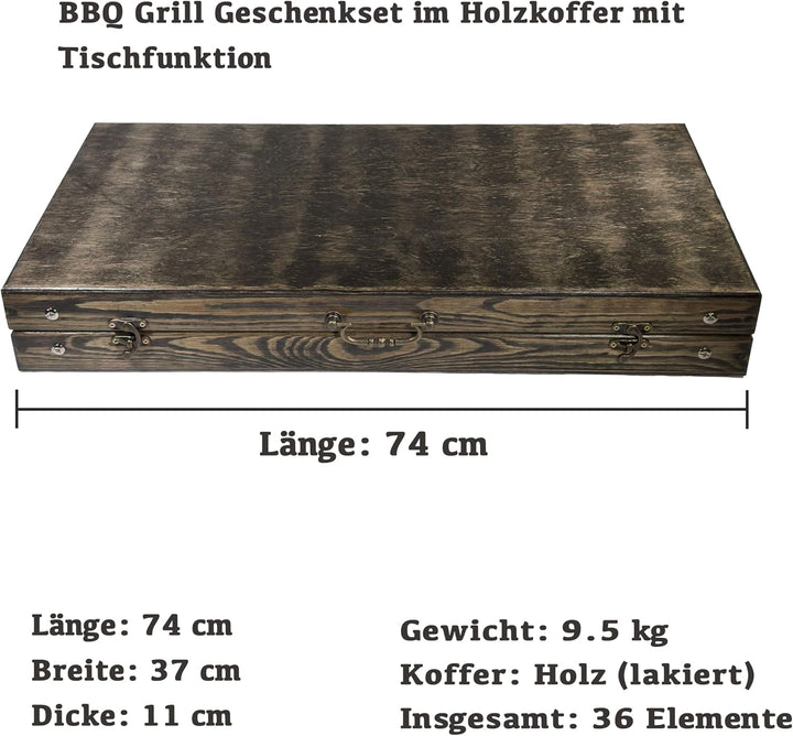 BBQ Grill Geschenkset im Holzkoffer mit Tischfunktion &amp; ukrainischer Symbolik – Premium Grillzubehör