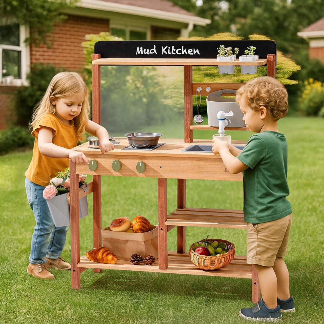 ROBUD Matschküche aus Holz – Outdoor Spielküche mit Zubehör & Maltafel – Rollenspielzeug für Kinder