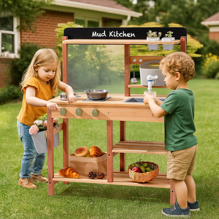 ROBUD Matschküche aus Holz – Outdoor Spielküche mit Zubehör & Maltafel – Rollenspielzeug für Kinder