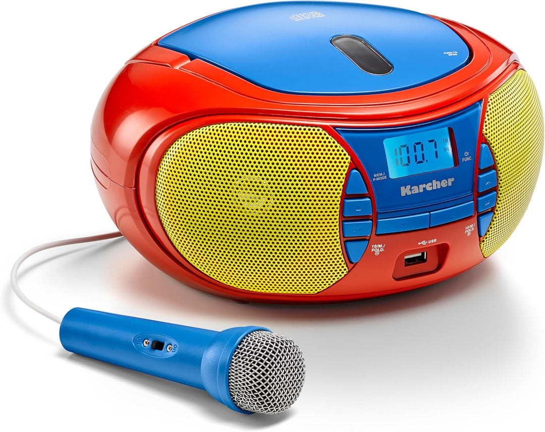 Karcher RR 5026 tragbares CD Radio - bunte Kinder-Boombox mit CD-Player, UKW Radio, USB & Mikrofon -