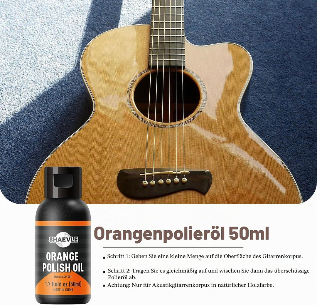 Akustikgitarre Reinigungsset, ALL IN ONE Gitarren-Pflegeset INKL. Gitarrenpolitur, Griffbrett-Zitron