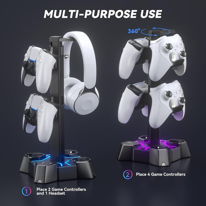 KDD Headset Halterung Led mit USB Ladestation, Controller Halterung & Kopfhörer Ständer Tisch mit 2