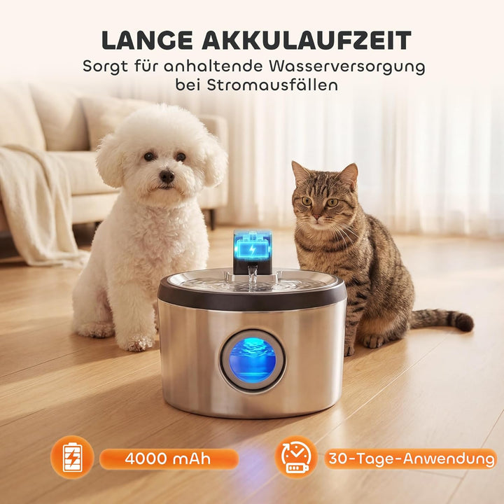 PawHut Katzenbrunnen 4L Kabellos Edelstahl Trinkbrunnen mit Bewegungsmelder 6 Filtern zweifaches Fil