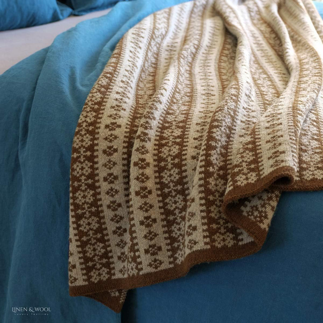 Linen & Cotton Luxus Warme Decke Wolldecke Gestrickt Arctic - 100% Reine Neuseeland Wolle, Beige/Bra