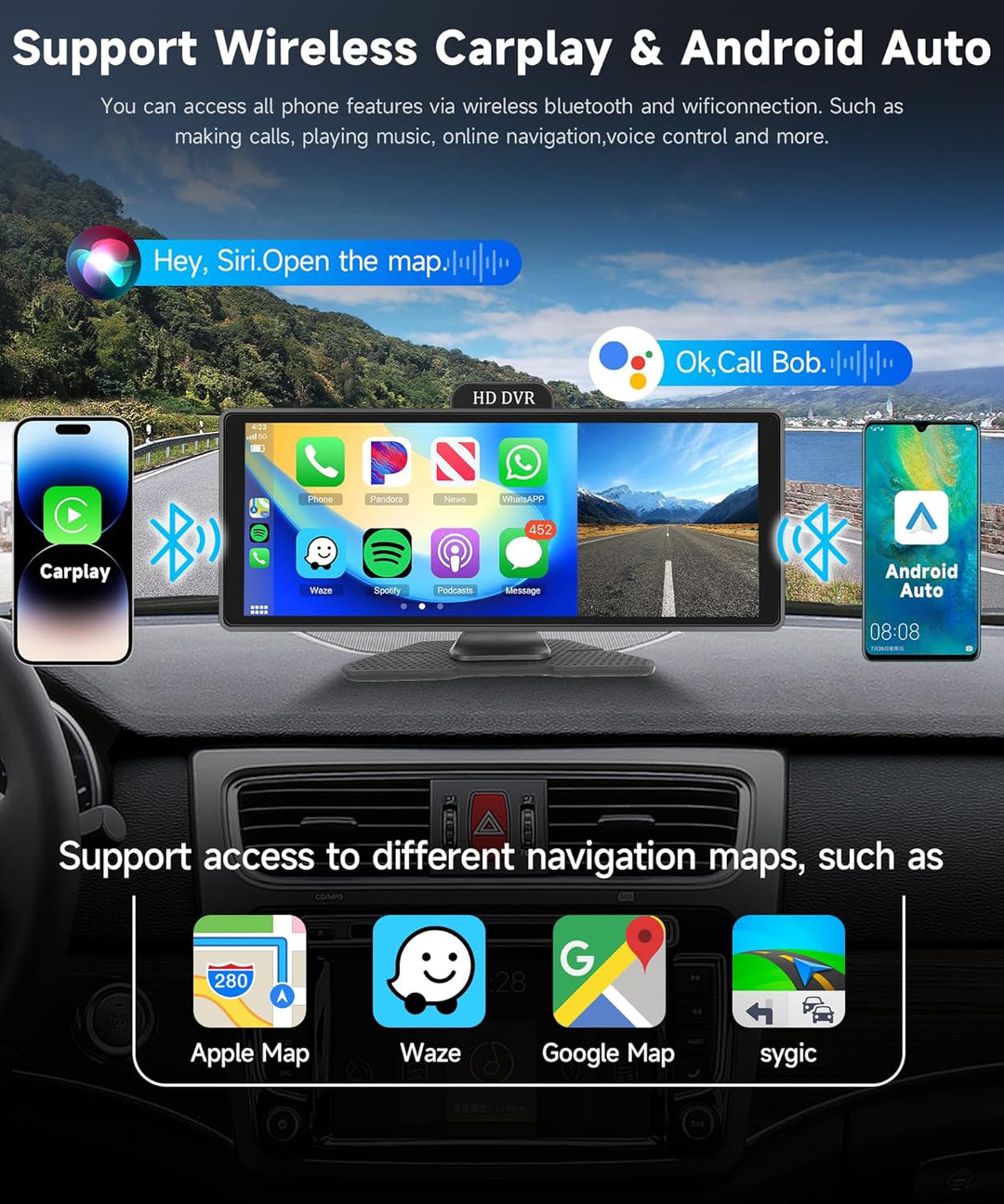 Podofo Tragbares Autoradio Wireless Carplay Android Auto 10.26'' Touchscreen ADAS System FM Sender U