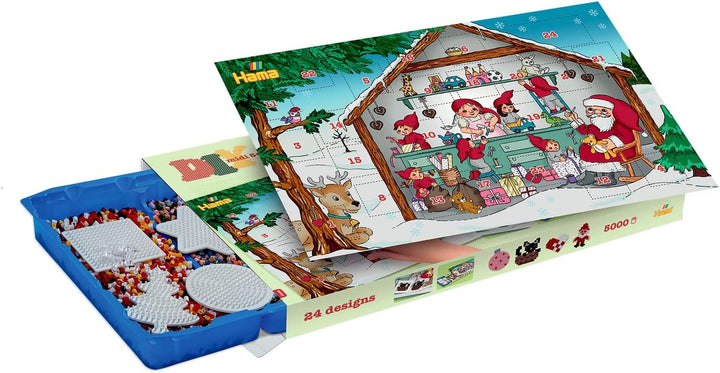 Hama Perlen 3046 Bügelperlen Adventskalender, Geschenkpackung mit ca. 5.000 Midi-Perlen, 5 kleinen S