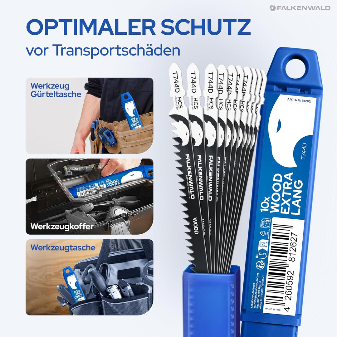 FALKENWALD® Stichsägeblätter Holz 10x T744D – Extra Lang 180mm - Für tiefe Schnitte bis 135mm - T-Sc