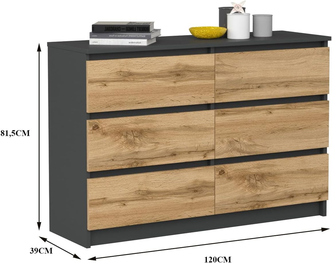 VBChome Kommode mit 6 Schubladen, Anthrazit-Artisan, 120 x 39 x 81 cm, Grifflose Holz-Schubladenkomm