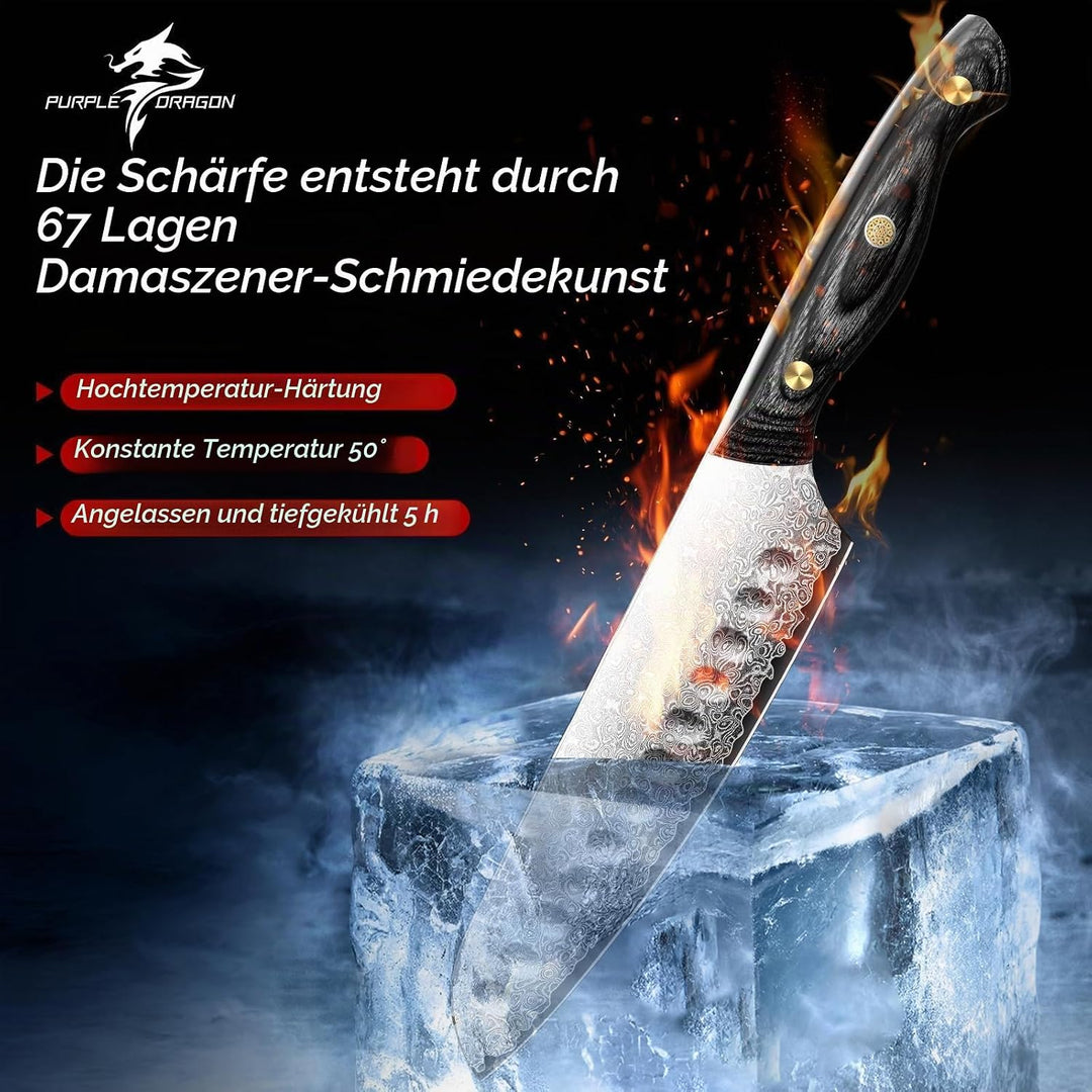 Purple Dragon Damast Santoku Messer - Küchenmesser mit VG10 Kernen und Holzgriff – Handgeschmiedetes