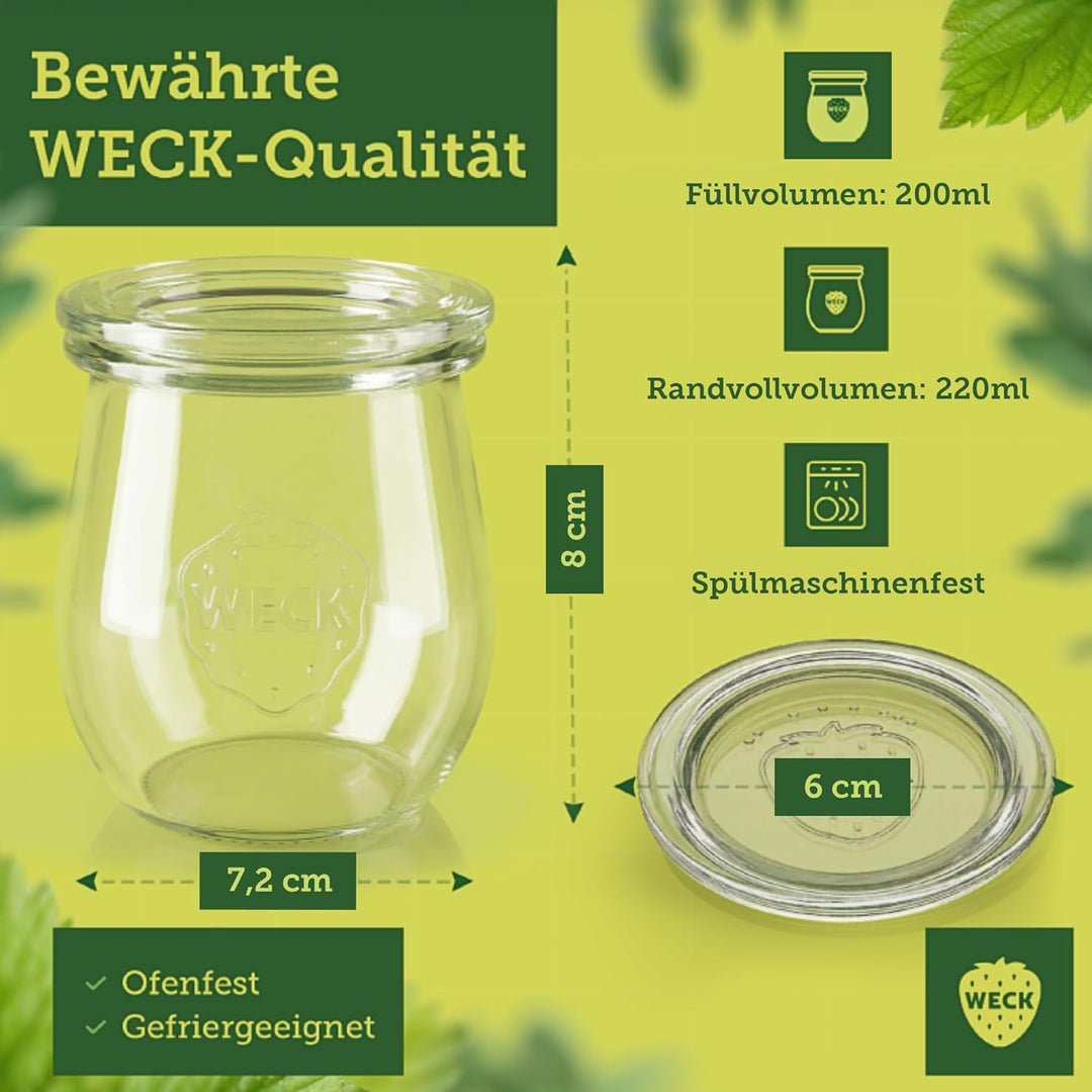 Weck Gläser 200ml – 12er Set mit Deckeln – Tulpenform – robuste, stapelbare Dessertgläser, Einkoch-