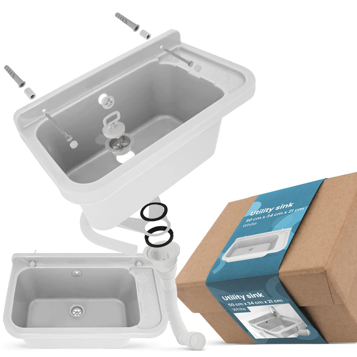 Waschbecken mit Regal 50 x 34 x 21 cm Weiss | Spülbecken Ausgussbecken Waschtrog Becken Ablage Überl