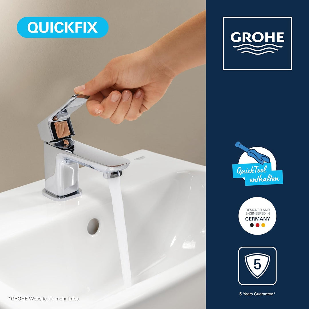 GROHE Dice, Waschtischarmatur klein, wassersparend (Wasserhahn für das Bad, Badarmatur mit Zugstange