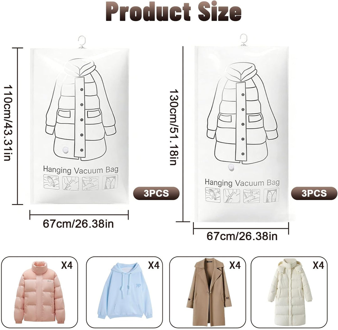 6 Stk Hängend Vakuumbeutel für Kleidung Hängend 110 x 67/130 x 67cm | Vacuum Bags for Clothing Mit K