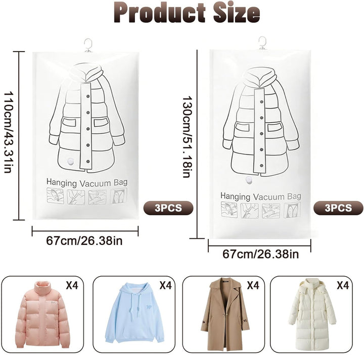6 Stk Hängend Vakuumbeutel für Kleidung Hängend 110 x 67/130 x 67cm | Vacuum Bags for Clothing Mit K