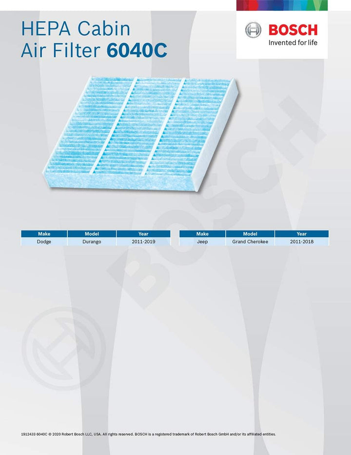 Bosch Automotive 6040C HEPA Innenraumfilter für 2011–2019 Dodge Durango, 2011–2019 Jeep Grand Cherok