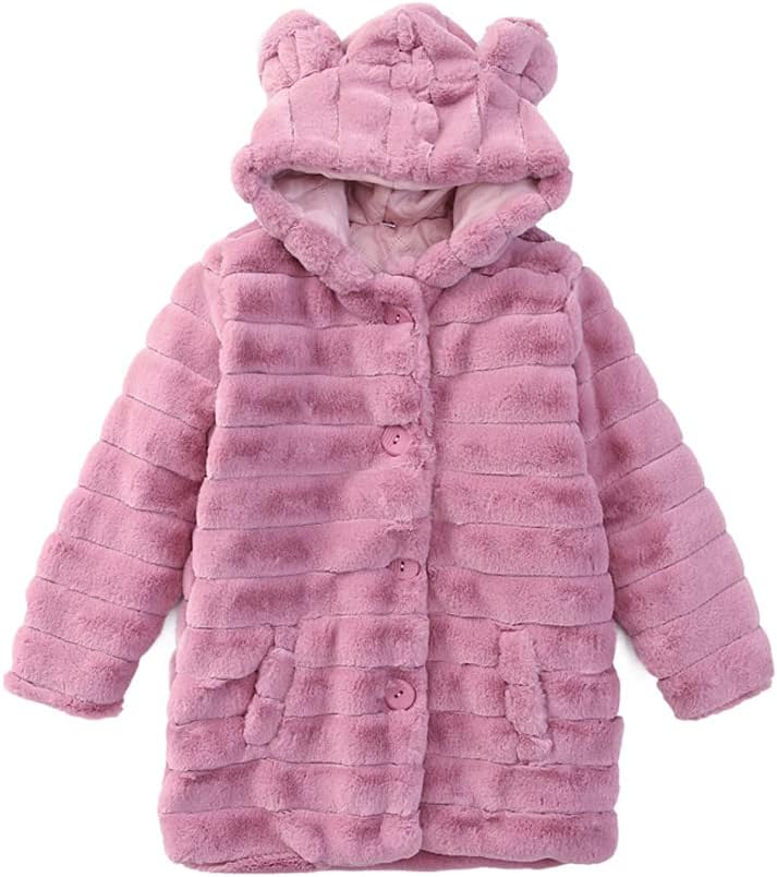Aeslech Mädchen Mantel Kunstfell mit Kapuze Kinder Mädchen Mantel Warm Winter 92-98 Rosa, 92-98 Rosa